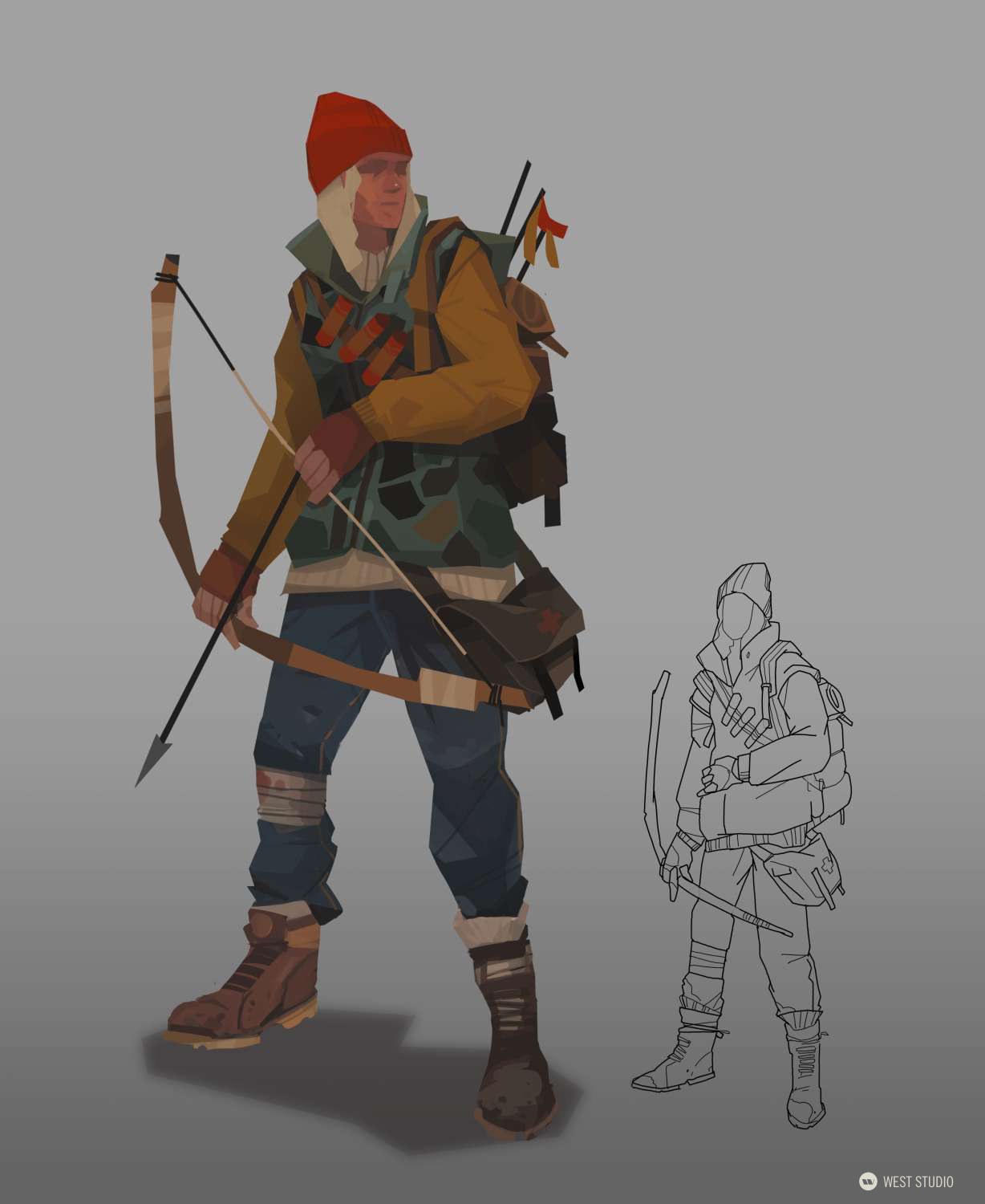 the image showcases a digital character concept for a female archer, possibly in a postapocalyptic setting. she is shown in a ¾ view, holding a drawn bow and arrow.  her attire suggests a survivor's practicality with layered clothing, a beanie, a backpack, and sturdy boots.  a simple line drawing of the character's back is visible beside the main illustration.  the color palette leans towards muted earth tones.