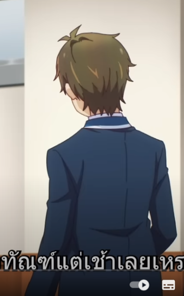 the image shows the back of a young man with short brown hair wearing a navy blue school uniform jacket with white trim. the background suggests he is indoors, likely a school hallway. the overall color palette is soft and muted.