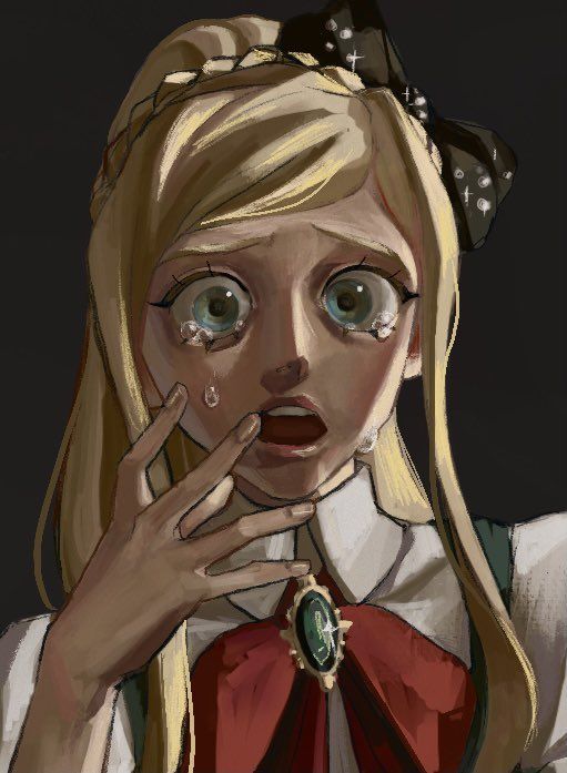 the image depicts an anime girl with blonde hair and red bow, her mouth is open in a shocked expression and she has tears running down her face. she appears to be scared and worried. the background is dark, highlighting the girl's features.