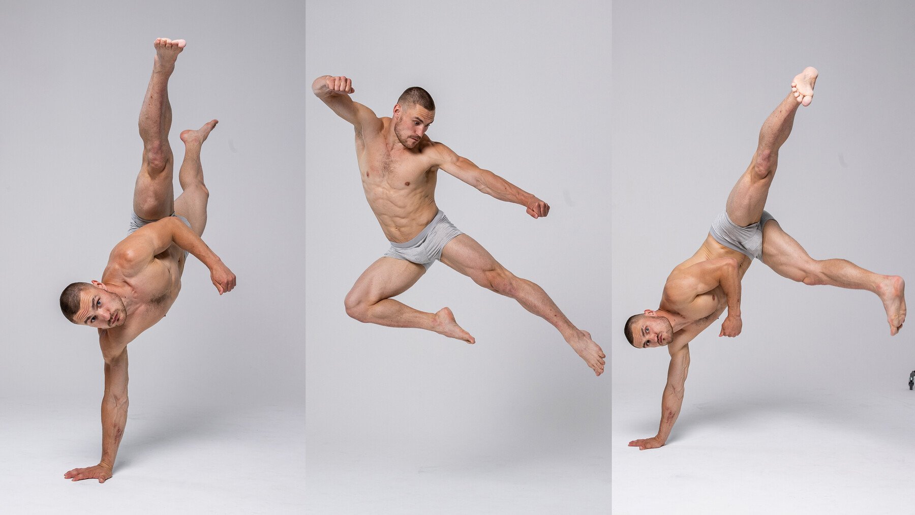 a collage of three images of a young man performing different athletic poses. each image shows the man in a different position, demonstrating his strength, flexibility, and athleticism.