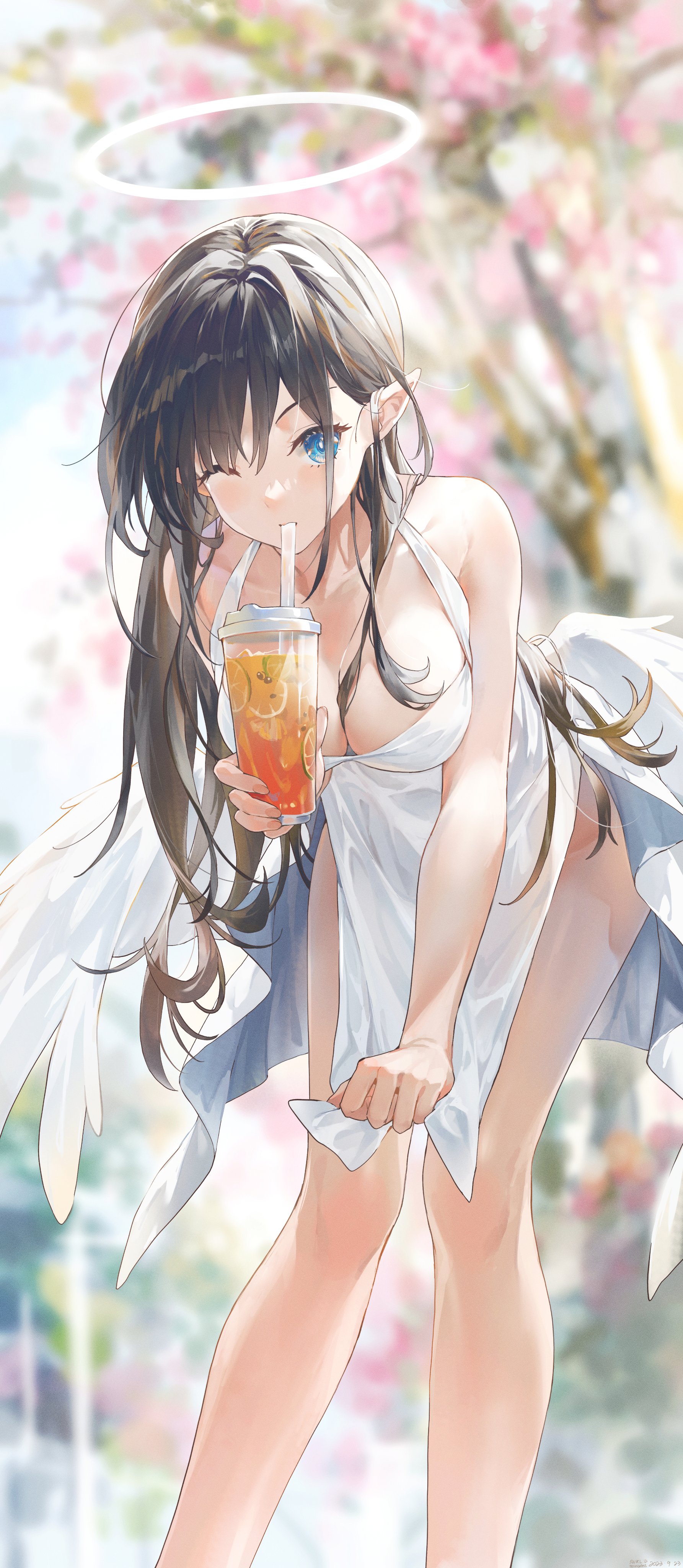 the image is a digital illustration of a cute anime girl with long brown hair and blue eyes.  she is depicted wearing a white, sleeveless summer dress that resembles an angel's garment.  she has a halo above her head and feathery white wings partially visible.  she's winking and smiling slightly while holding and drinking a cup of boba tea with a straw. the background is a soft, pastelcolored scene of spring blossoms, creating a light and airy atmosphere.  the overall style is soft and delicate, focusing on a cute and charming aesthetic.