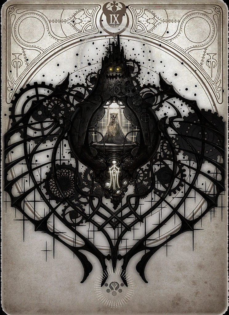 this image depicts a dark and intricate tarot card, likely representing a concept of death or transformation. the card features a skeletal figure seated upon a throne within a gothicinspired structure. the structure is adorned with gears and machinery, hinting at a steampunk aesthetic. the overall composition is symmetrical and heavily detailed, employing a lowkey lighting scheme to emphasize the central figure and create a dramatic atmosphere.