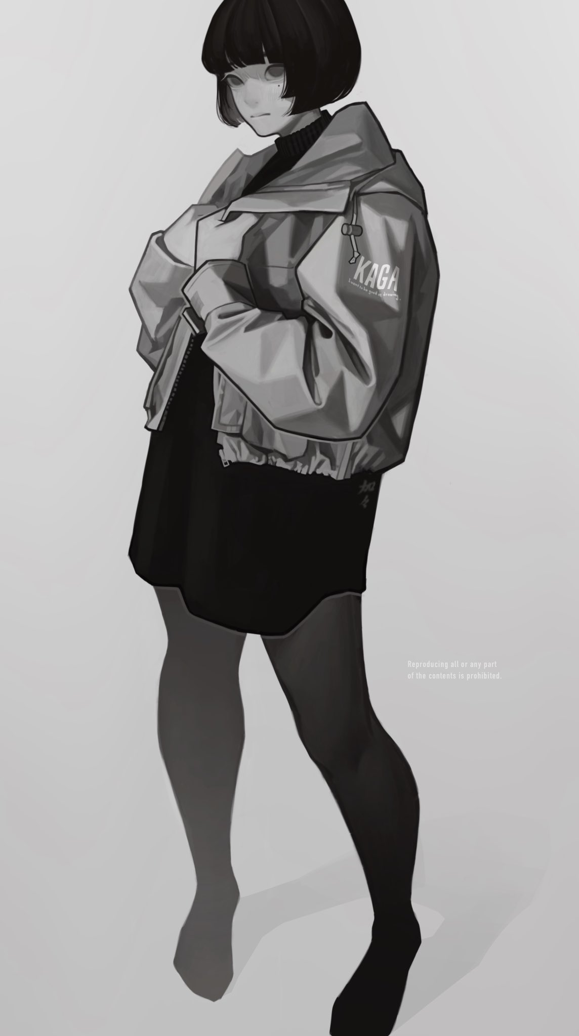 the image is a grayscale digital illustration of an anime girl. she has short black hair, is wearing a loosefitting, lightcolored jacket with the word "kaga" on it, a black short skirt, and black tights. she stands in a relaxed pose with her hands in the jacket pockets. the style is minimalist, with simple lines and shading, focusing on the girl's silhouette and the overall mood of the image. the background is a plain light gray. the illustration has a slightly somber yet elegant tone.