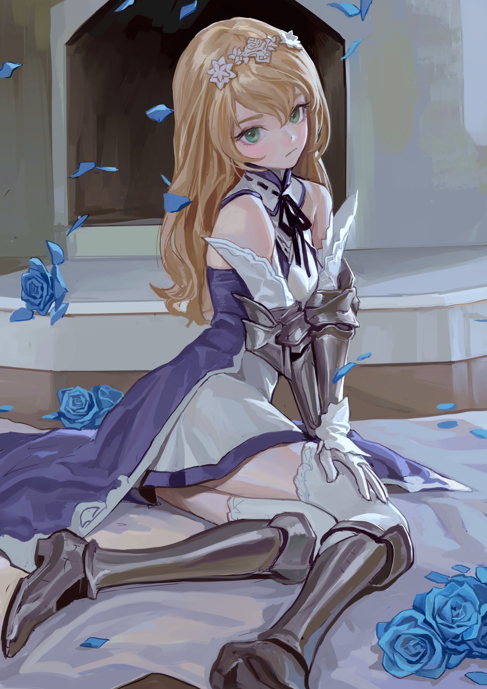 an animestyle illustration features a young woman with fair skin, blond hair, and green eyes. she has a flower crown on her head and is wearing a white dress with a blue overlay. she is also wearing armor, gauntlets, and kneehigh boots. the woman is sitting in a room surrounded by blue roses.