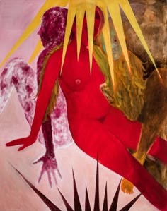 the painting is a vibrant abstract expressionist work that depicts a female nude figure with a bold and dramatic style. the figure's body is rendered in a red, yellow, and black color scheme, and is surrounded by swirling, gestural brushstrokes that convey energy and movement. the background is a swirling, chaotic pattern of yellow and black rays that suggest light and shadow, creating a sense of depth and drama. the figure's body is partly obscured by the rays of light, giving the impression of a mysterious and powerful figure. the painting is a compelling and evocative work that uses color, texture, and form to create a sense of raw emotion and energy.
