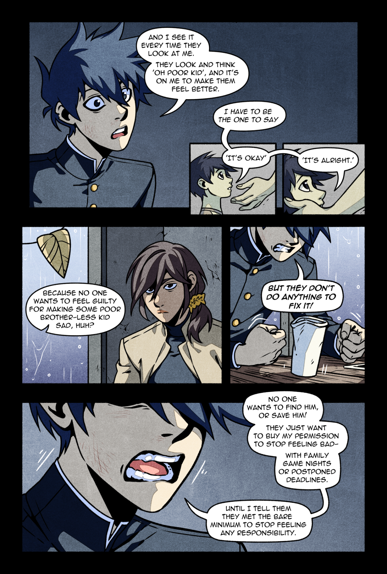 this image is a page from a comic book depicting an emotionally charged conversation between two characters. the scene is set indoors, likely in a room with dim lighting. a young man with dark hair expresses his frustration and anger towards others who pity him for the loss of his brother but fail to take any real action. he feels burdened by the expectation to comfort them and grant them permission to move on with their lives while he grapples with his grief.