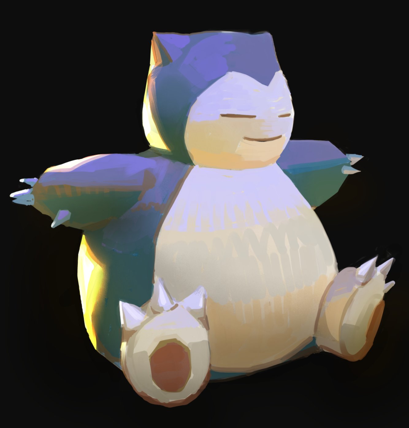 a painting of a snorlax pokemon, rendered in a cartoonish style with loose brush strokes. the snorlax is primarily blue with a white belly and pink ears. the snorlax is laying on it's side, its mouth open and its eyes closed, as if sleeping.