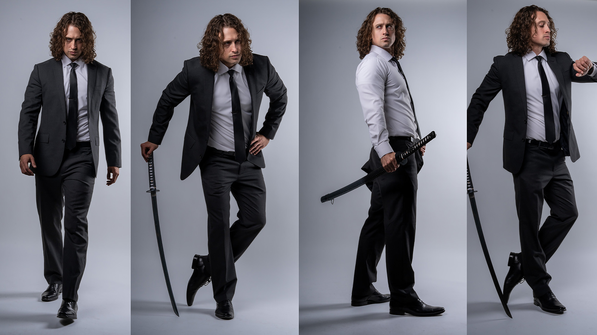the image consists of a fourpanel collage showcasing a man in a black suit and white shirt.  his long, curly hair is visible. he is holding a katana (samurai sword) in different poses in each panel.  in one panel, he is walking; in another, he holds the sword at his side; in the third, he is holding the sword in a more ready posture; in the fourth, he is checking his watch.  the background is a plain, light grey. the overall impression is one of a stylish and potentially powerful or mysterious individual.