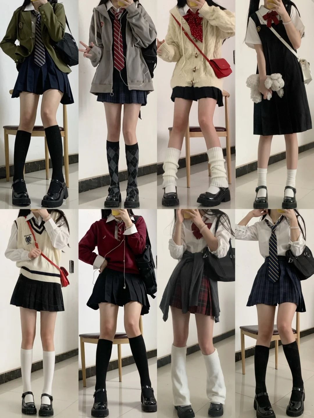 the image showcases eight different school uniform outfits for girls. each outfit includes a skirt, varying in style and color, paired with different tops such as sweaters, cardigans, blouses, and jackets. accessories like ties, scarves, socks, and various footwear styles complete the looks. each outfit is styled differently, providing a range of fashion options for school attire.