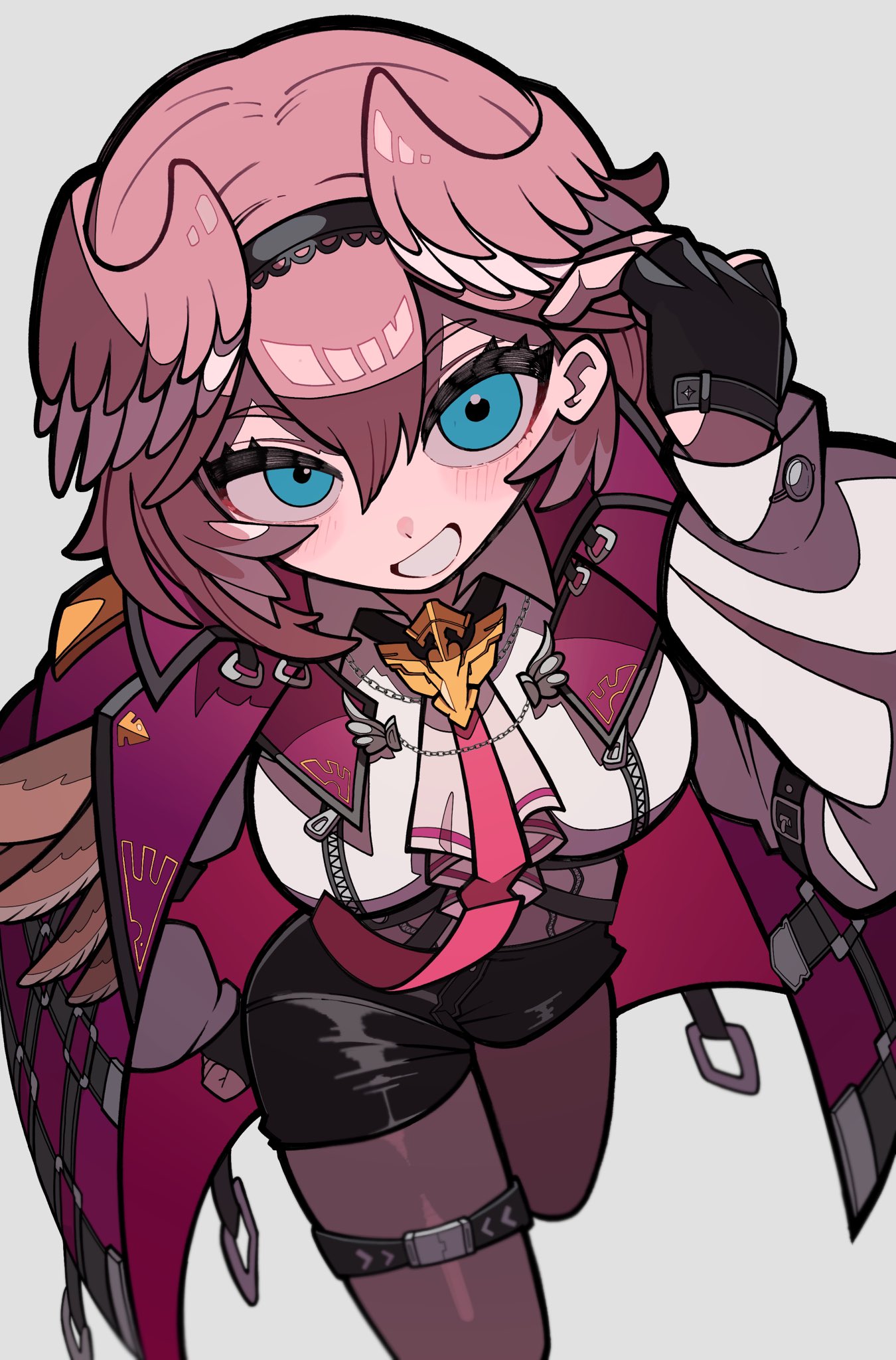 this is a digital illustration of an anime girl with pink hair and wings, wearing a red jacket, black shorts, a white shirt, and a red tie. she is smiling and looking at the viewer.