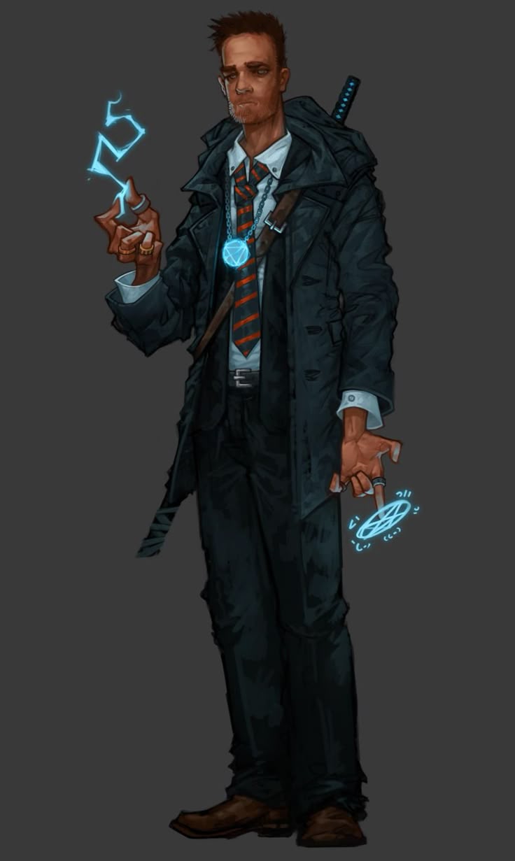 a drawing of a man wearing a suit and trench coat, wielding magic. he has a sword strapped to his back, and wears glasses and several rings. he has a pendant around his neck and is using magic in both of his hands.