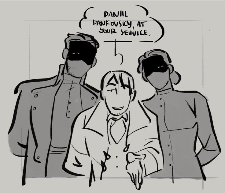 a comic panel of three people. they are all standing with their arms down. the man in the middle, with a black coat over his shoulders, is shaking hands with the man on the left. the woman on the right is standing with her hands in her pockets. the man on the left is looking at the viewer and the two on the right are looking at each other. they all have simple, blackandwhite drawings. there are speech bubbles on the top of the image. one of the bubbles says "daniil dankovsky, at your service."