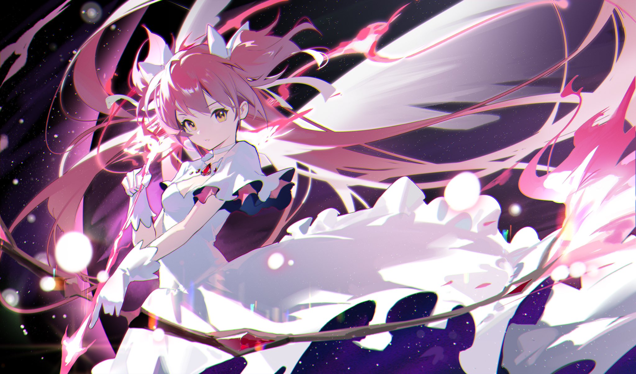 the image is a vibrant digital painting of an animestyle magical girl. she has long, flowing pink hair, a white dress with pink and blue accents, and she's holding a glowing pink magical staff. the background is a dark space with stars and nebulae, and her hair and staff seem to trail behind her in motion, creating a dynamic and energetic feel. the overall style is painterly and expressive, with a focus on bright colors and dynamic motion.