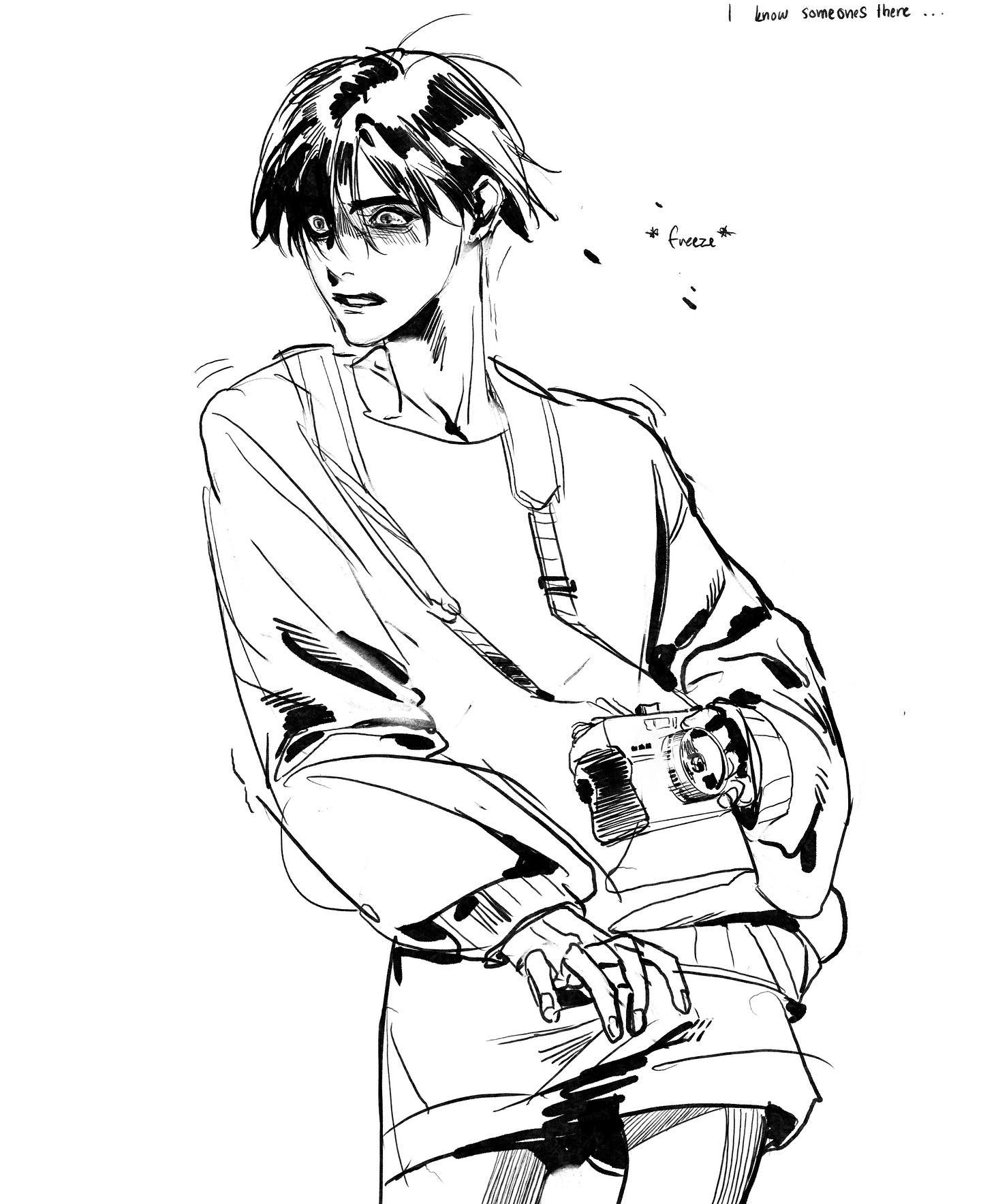 a black and white sketch of a young man drawn in a manga style. he is holding a camera and seems to have noticed someone, his expression a mix of surprise and apprehension. the word "freezes" is written beside him, emphasizing his reaction.