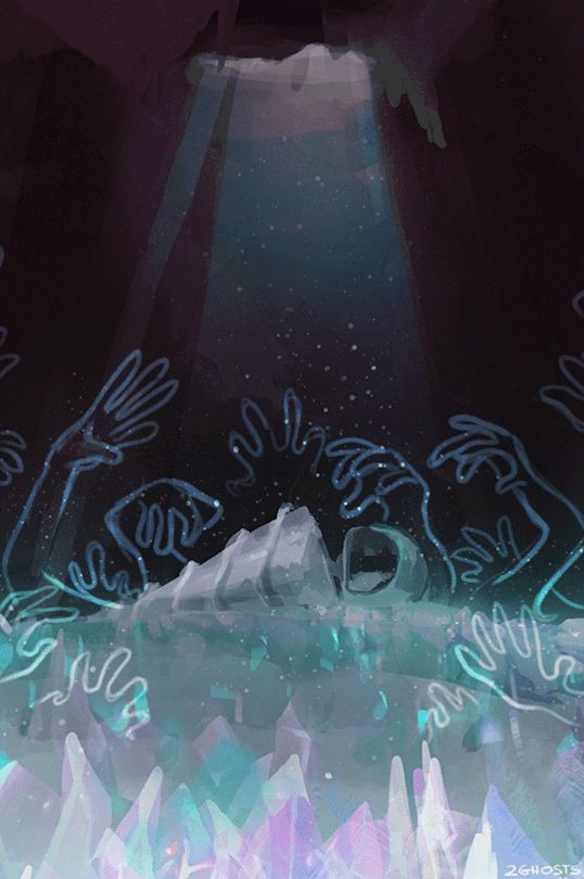 this illustration shows a scene of a fantasy cave. the cave is dark and shadowy, with a light shining down from above. the light illuminates a person reaching out of the ground as they rise from a pile of blue crystals. the person is surrounded by glowing blue hands, which may be helping them rise, or perhaps are trying to pull them back into the earth. the background is filled with more blue crystals, which are surrounded by pink and purple glow.