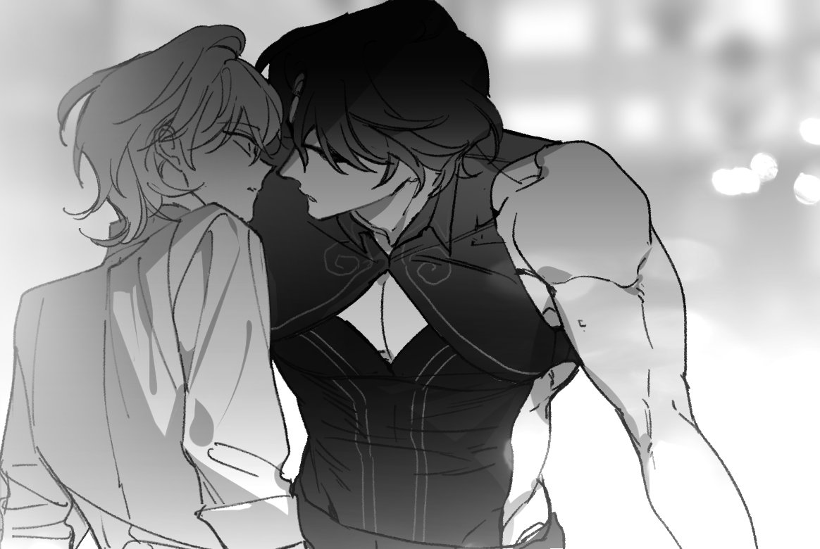 a black and white illustration of two men embracing intimately. the man on the right is shirtless, wearing a dark, sleeveless top. the man on the left is wearing a lightcolored coat. their faces are close together, suggesting a romantic relationship. the style is reminiscent of anime or manga. the background is blurred and out of focus.