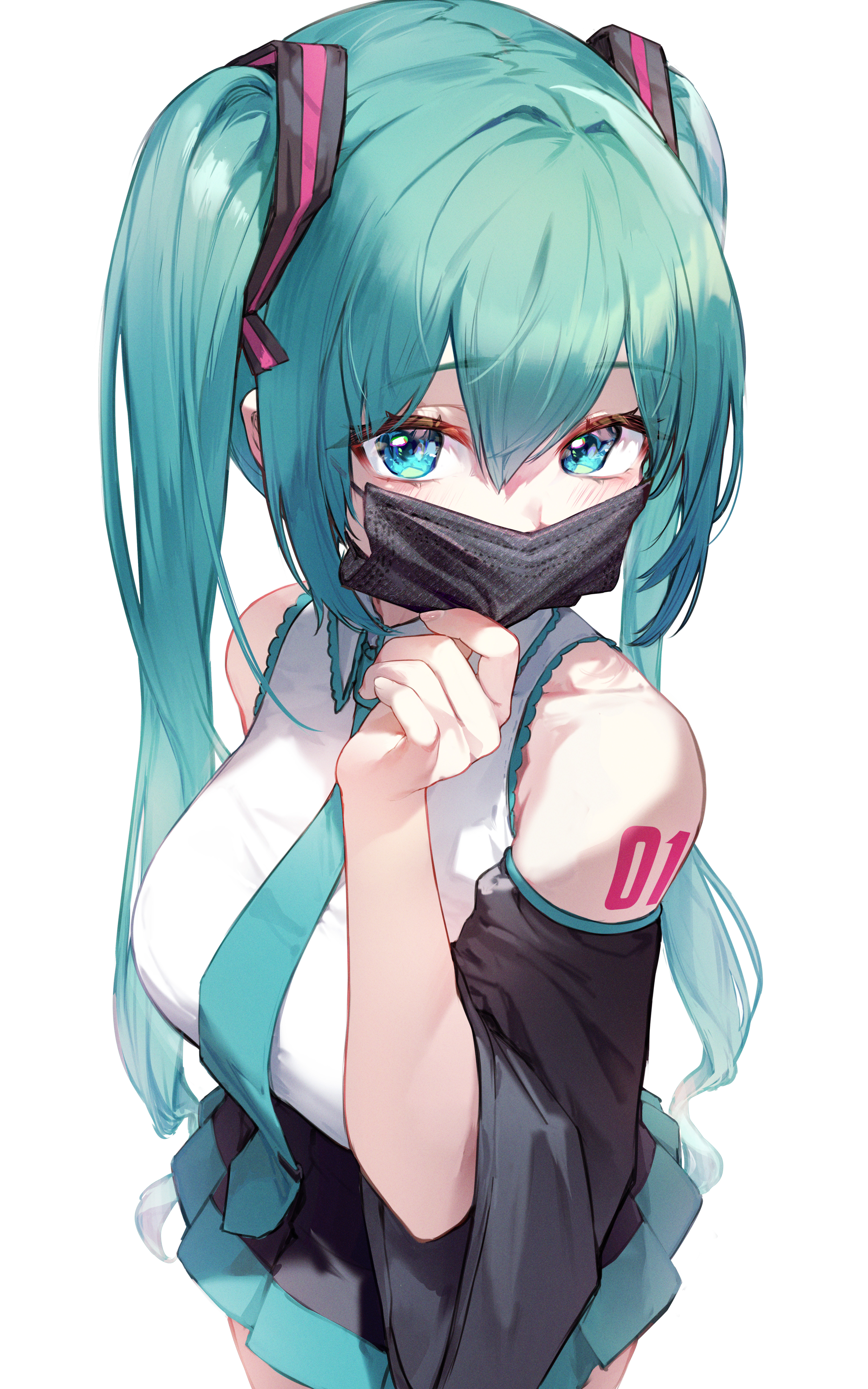 an animestyle image of hatsune miku, depicted with her signature teal twin tails and large blue eyes. she is wearing a black face mask that covers her nose and mouth. her outfit includes a white top with teal accents and a black sleeve with the number 01 printed on her arm. she is holding her hands together near her chest.