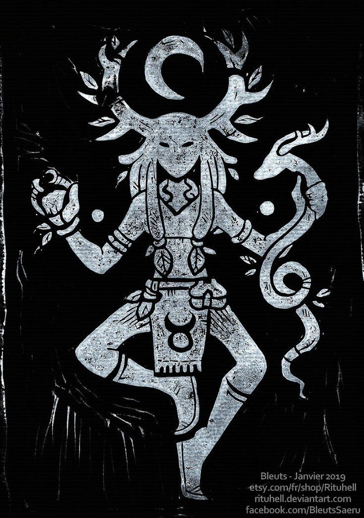 a black and white linocut illustration depicts a deitylike figure with antlers, a crescent moon above their head, holding a snake in one hand and a fruit in the other, surrounded by leaves. the figure has long hair and wears triballike clothing with a symbol resembling taurus on their belt. the overall style suggests folklore, paganism, or witchcraft themes. the artist's name is bleuts and the work is dated january 2019.