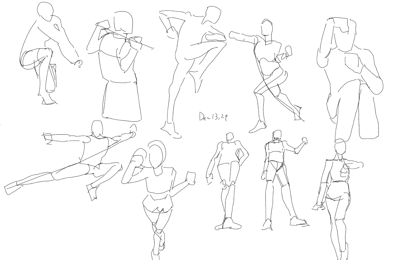 he image contains a collection of quick, loose sketches of human figures in various dynamic poses. the style is expressive and focuses on capturing movement and gesture rather than precise anatomical detail.  many of the figures appear to be engaged in athletic or fighting activities, suggested by their postures and implied actions.  the lines are fluid and spontaneous, typical of gesture drawing exercises. the sketches are done in black ink or pencil on a white background.  there's a date ("dec 13, 2p") written in the center.