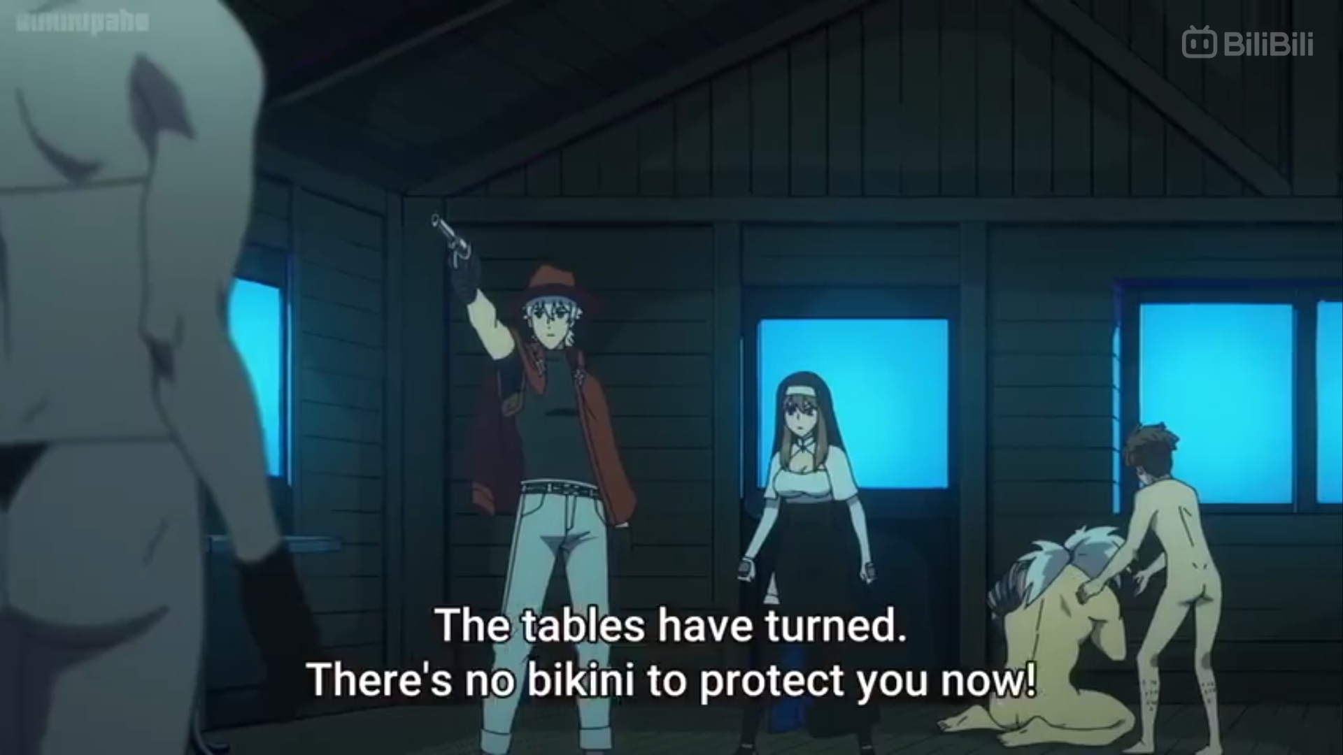 a tense scene from an anime.  inside a wooden cabin at night, a man in a red vest and white hat points a gun, his other hand on his hip. he stands triumphantly over a cowering, shirtless man.  a woman in a black and white outfit stands to the right, her expression unreadable.  two other figures are partially obscured in the shadows to the left. the bluetinted lighting creates a dramatic and dangerous atmosphere.  the dialogue suggests a shift in power dynamics, with the armed man now in control.