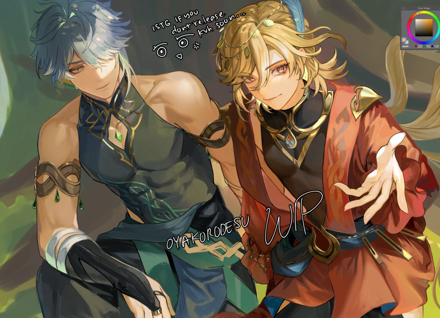 a digital artwork of two anime characters, one in green clothing and the other in red, are posed together. the character in green is on the left of the artwork, and the character in red is on the right. the character on the left is holding a weapon, and the character on the right has their arm extended out. both characters are looking at the viewer.
