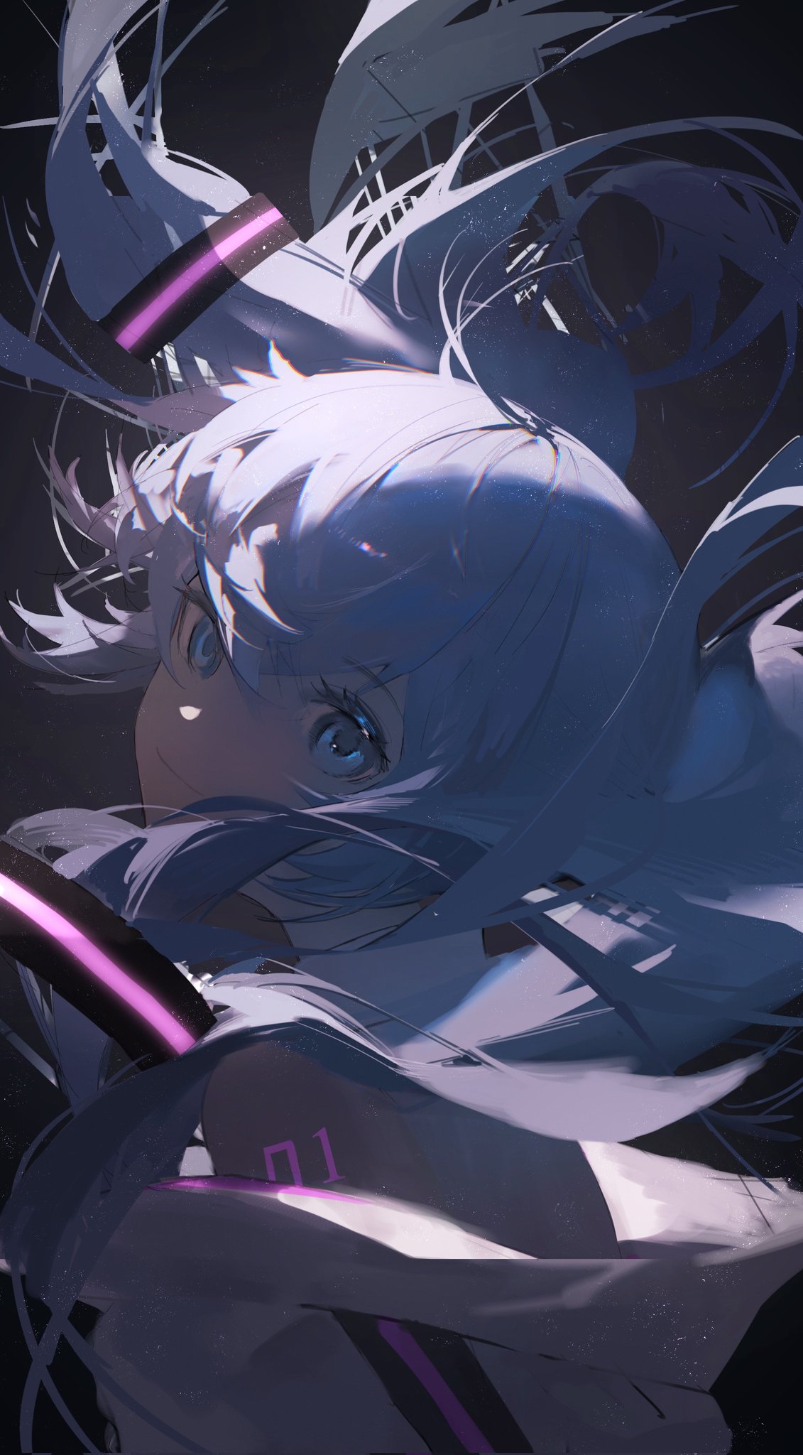 the image is a digital painting of hatsune miku, a popular virtual singer. she is depicted in a stylized, futuristic outfit with glowing purple accents.  her hair is a mix of white and blue, flowing dynamically around her. the overall style is heavily influenced by cyberpunk and scifi aesthetics, with an emphasis on dynamic lines and abstract shapes.  the closeup perspective and intense colors create a dramatic and energetic feeling.  the number "01" is visible on her clothing.
