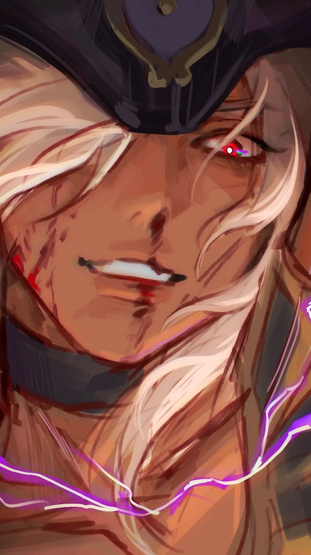 the image is a digital painting or illustration of a female animestyle character.  she has long, light blonde hair, tan skin, and is wearing a darkcolored, ornate tricorn hat.  her expression is a mischievous smirk, and she has noticeable scars and wounds on her face with traces of blood. one of her eyes is visible, glowing intensely red.  purple energy or electric effects are subtly visible around her, adding to a fantastical or powerful feel. the style is painterly and dynamic, focusing on detail in the character's face and hair. the overall impression is one of strength and perhaps a touch of danger.
