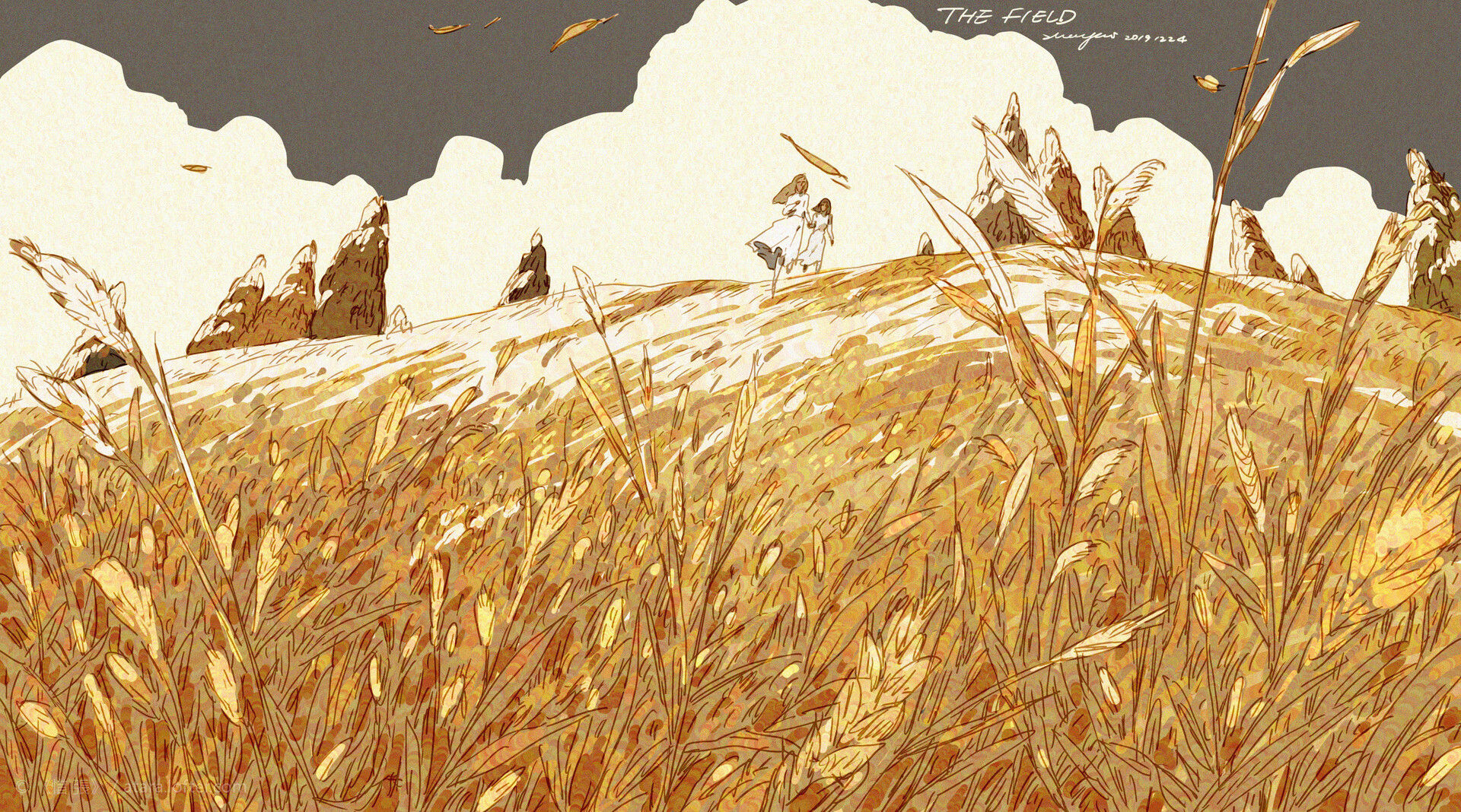 a digital illustration depicting a field of tall golden grass, with a hilltop and a cloudy sky. the sun is shining through the clouds, casting a warm glow on the scene. the field is a bright golden color, with the grass gently swaying in the breeze. the hilltop is a soft, light brown color, with a few rocky outcroppings visible. the sky is a deep blue, with white clouds floating by. there are two figures in white dresses walking up the hill in the field. the artwork is done in a whimsical, dreamy style, giving the scene a peaceful and serene feel. the art style is reminiscent of japanese anime.