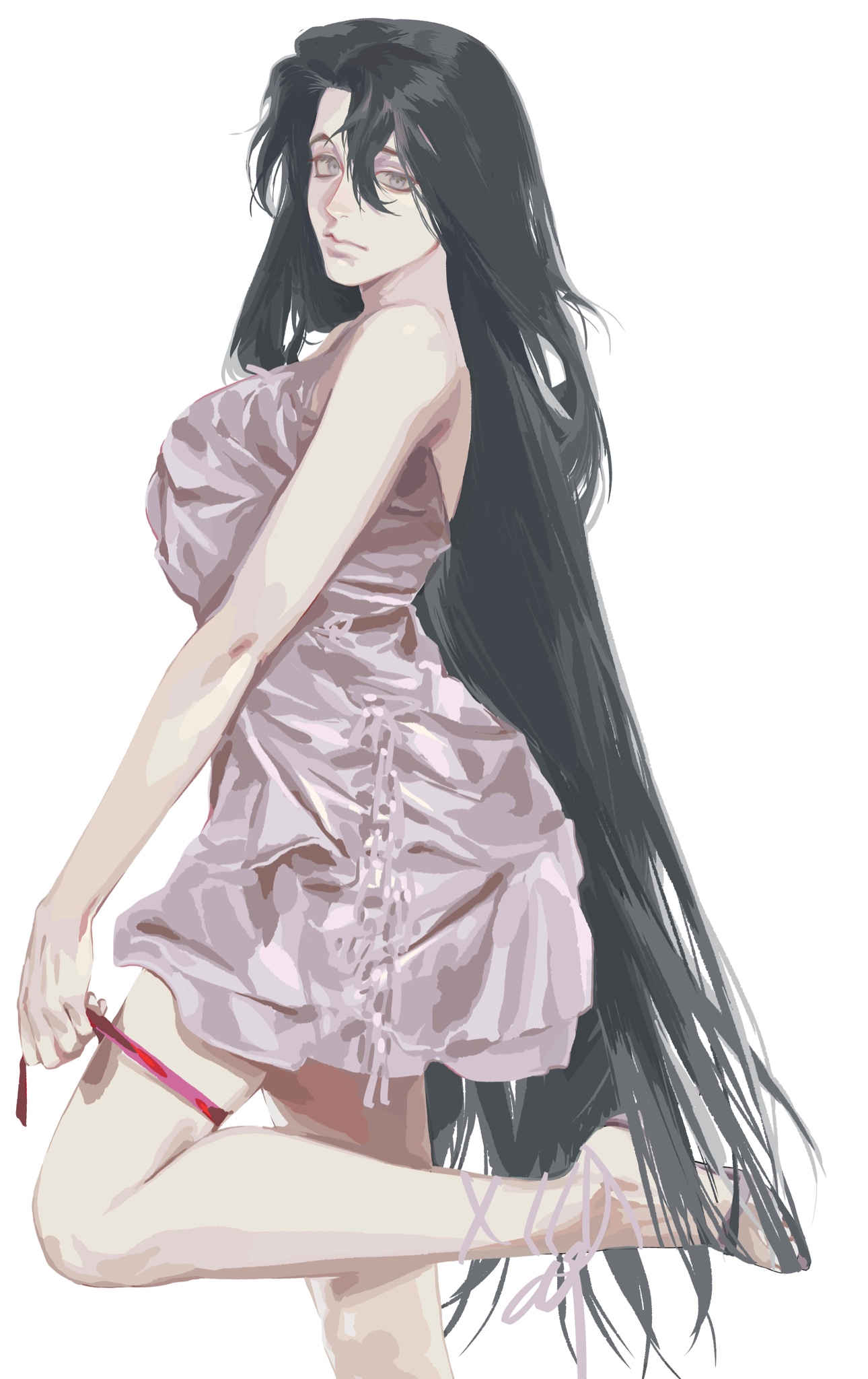 an animestyle illustration of a woman with long black hair wearing a short pink dress. she is holding a red ribbon. one leg is raised slightly.