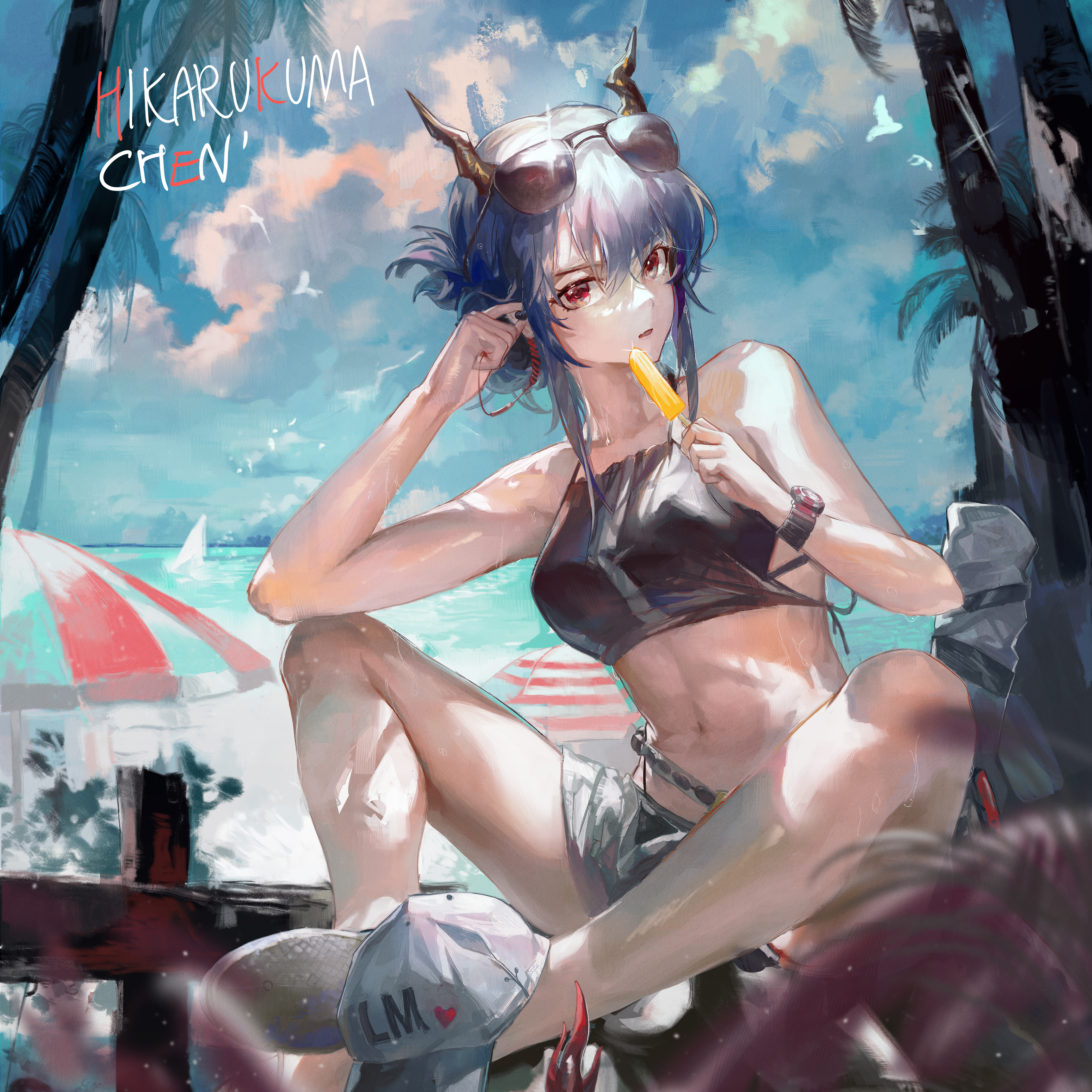 the image is a digital painting or illustration of an animestyle female character. she has horns, suggesting a demonic or fantasy element, and is wearing a darkcolored bikini top and shorts. she's sitting on what appears to be a beach, eating a popsicle. the background shows a tropical setting with palm trees, a beach, and a clear blue sky. the style is vibrant and expressive, characteristic of contemporary anime and digital art styles. the artist's signature "hikaru kuma chen'" is visible in the upper left corner. the overall mood is relaxing and summery.