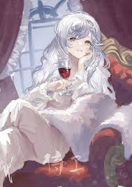 an anime girl with long, flowing white hair is sitting on a couch, holding a glass of red wine. she is indoors, with a window behind her.