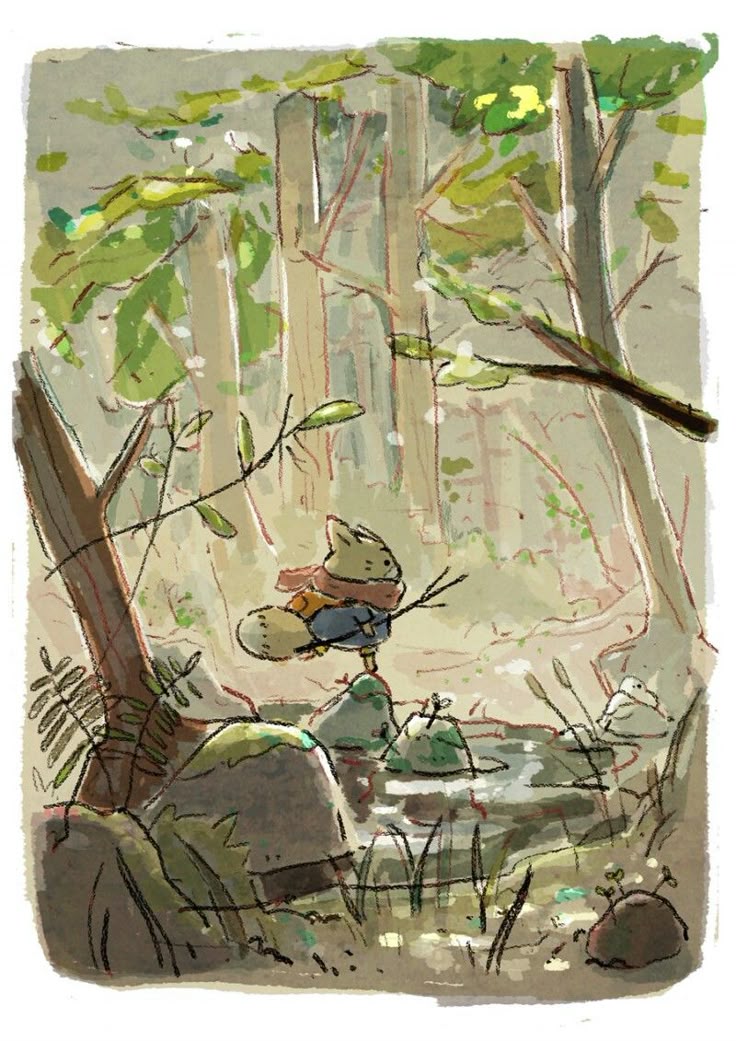 the image is a whimsical illustration of a forest scene. a small, dressed squirrel is balancing on a rock in the middle of a stream or swamp. the squirrel is wearing a blue outfit and a scarf, and it is carrying a stick. the stream is surrounded by rocks covered in moss, and various plants and grasses grow along the water's edge. in the background, there are tall trees creating a forest atmosphere.