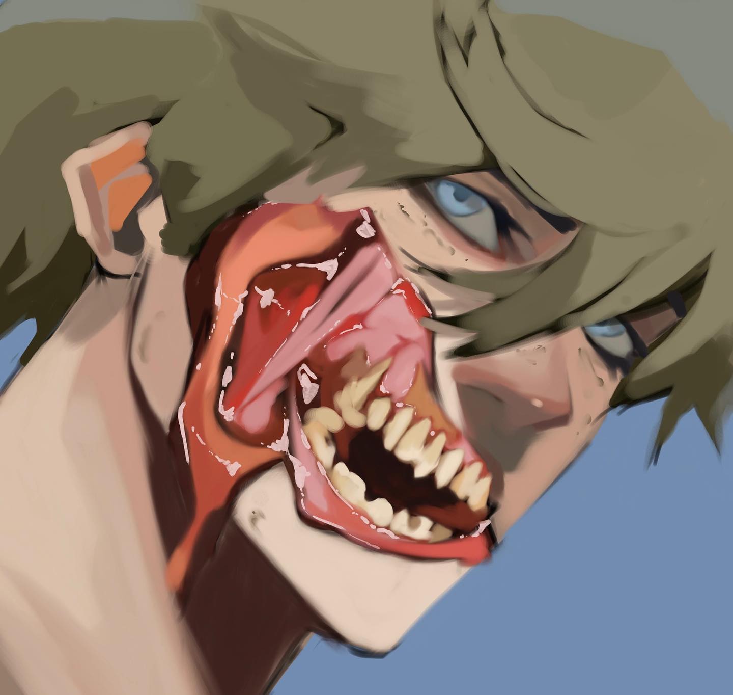 a stylized digital art portrait of a character with a light green hairstyle and blue eyes, but with the side of their face ripped off, exposing the jaw, teeth, and interior of the mouth in a gruesome and bloody manner.