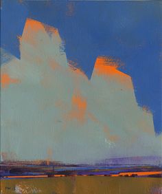 the painting depicts a serene landscape scene dominated by towering clouds illuminated by the warm hues of a setting sun. the clouds, rendered in soft brushstrokes of orange and pale teal against a deep blue sky, take center stage. a narrow band at the bottom of the canvas hints at a field or horizon, painted in muted purples, browns, and greens. the overall effect is one of tranquility and the beauty of the natural world.