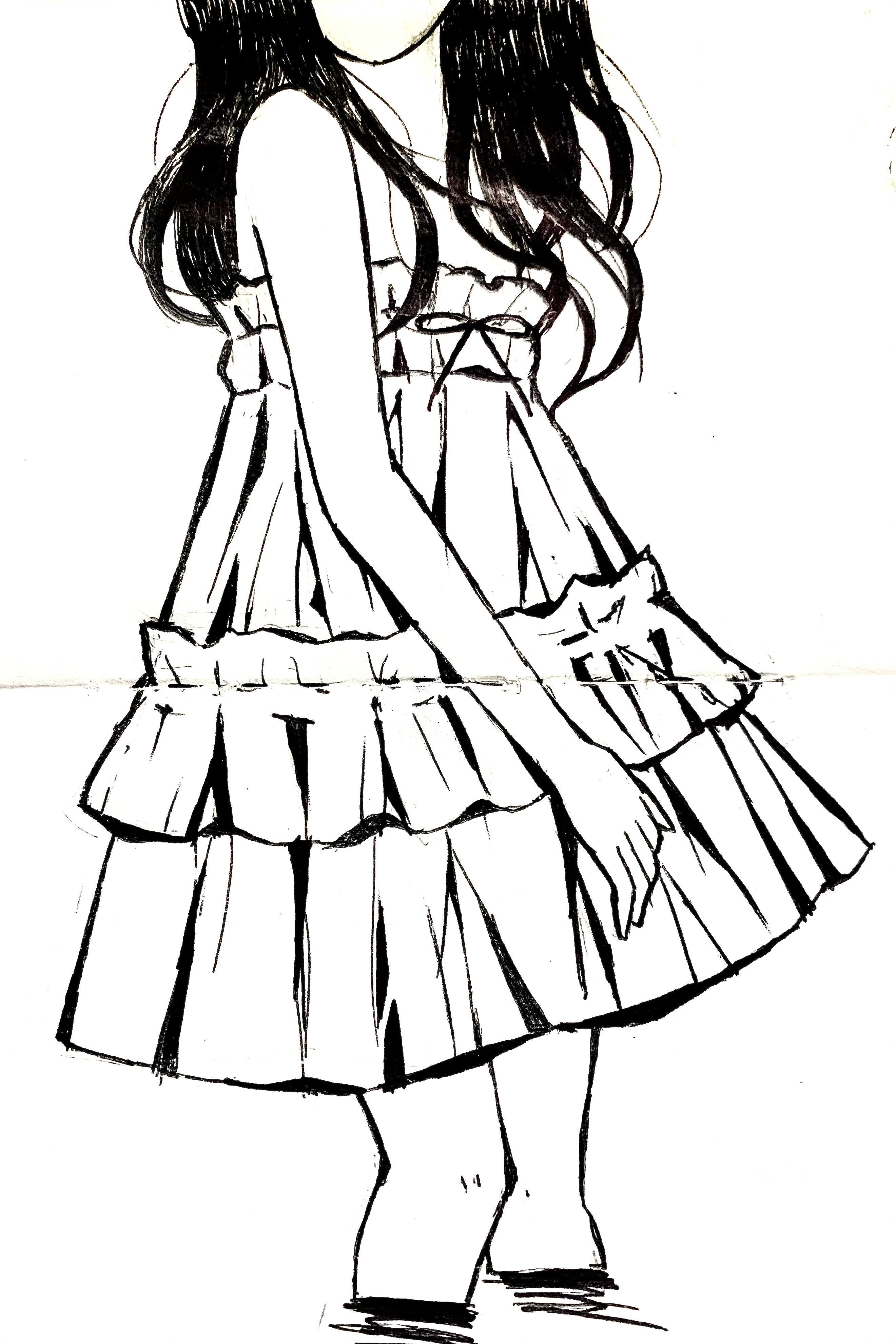 the image is a black and white sketch of a girl wearing a tiered, ruffled dress.  the style is reminiscent of anime or manga. the drawing focuses on the dress and the girl's pose, with her face and other details left out.