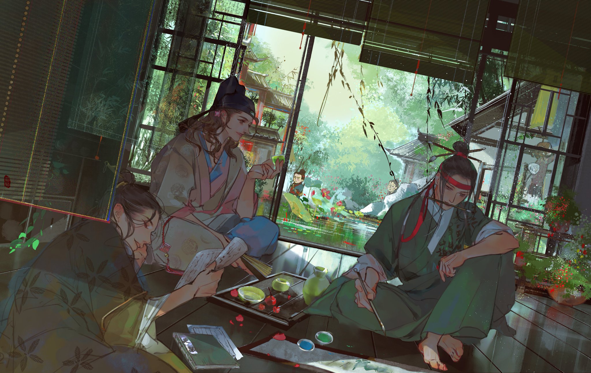 the image depicts a serene scene of three men enjoying a peaceful afternoon in a traditional chinese tea room. bathed in soft, natural light streaming through large windows, the room opens up to a lush garden. one man, dressed in green hanfu, sits crosslegged, focused on painting with a brush. beside him, another man in dark green attire leans against a cushion, engrossed in a book. the third man, adorned in pink and white hanfu, sits near the window, seemingly observing the garden. a low table in the center holds a tray with teacups and a teapot, along with scattered rose petals, adding to the tranquil atmosphere.  the overall mood is one of quiet companionship and artistic pursuits.