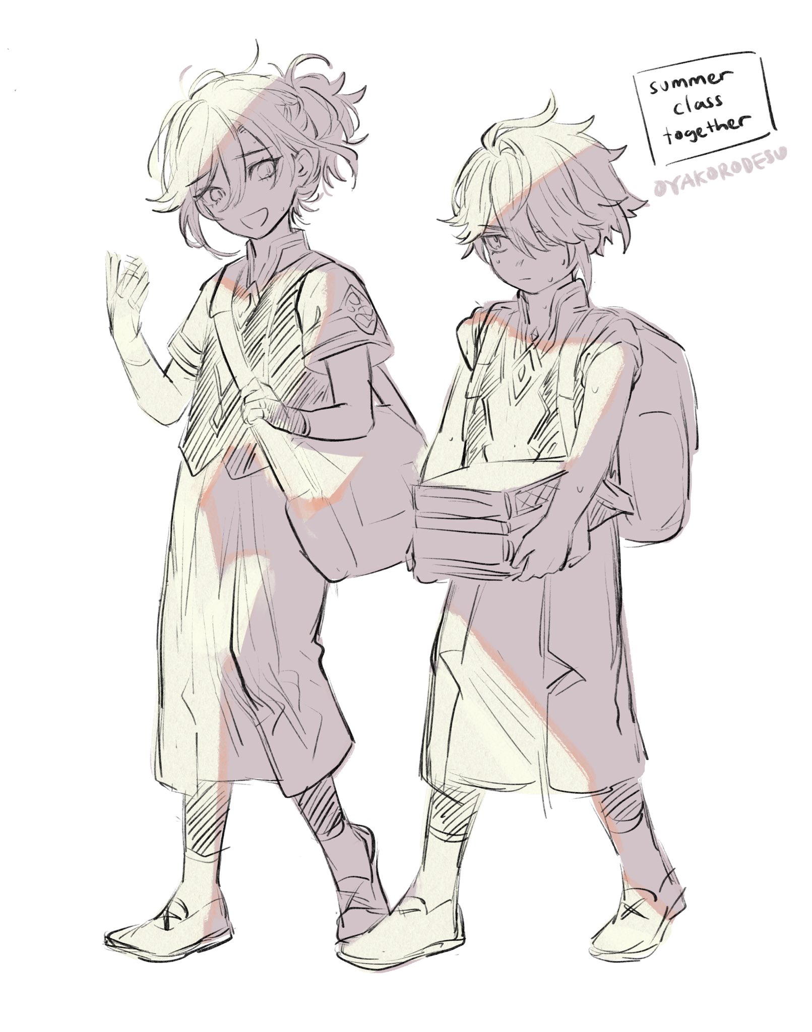 this is a sketch of two anime students walking together. the girl on the left is holding a backpack and the boy on the right is carrying books. they are both wearing casual clothing and smiling. the sketch is done in a light and airy style. the background is a soft, white color.