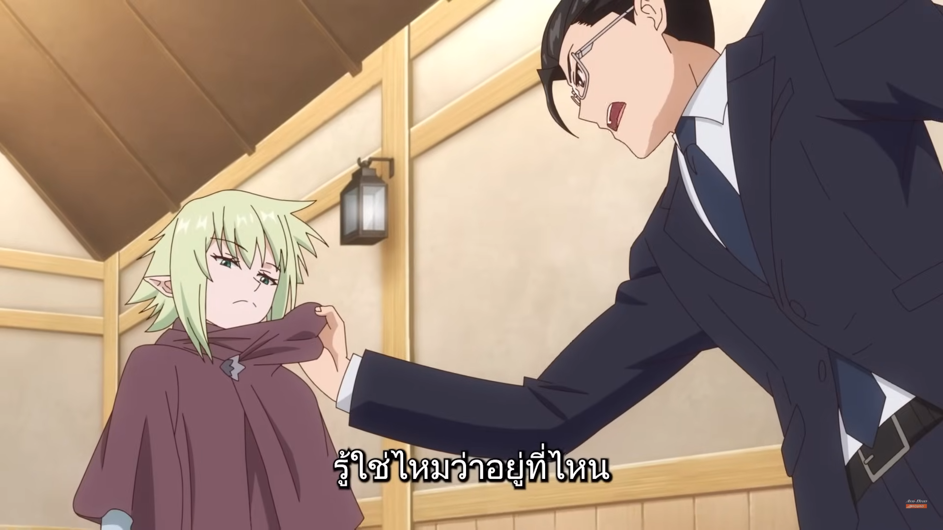 in an anime still frame, a tall, older man in a black suit leans down to yell at a young elf child. the child is drawn smaller, head down, and pulling their collar up around them in a gesture of fear. the man wears a dark suit and glasses, his mouth open in an angry expression, eyebrows furrowed. the background suggests an interior hallway or room with pale wood and paper walls. the scene is lit artificially with an overall warm tone.