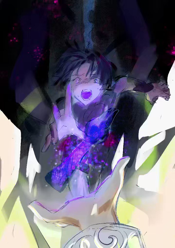 the image is a digital art illustration that depicts a young anime boy with black hair, reaching his hand up with an expression of urgency and fear, as he is surrounded by glowing purple and pink energy. his arm is partly obscured by a large dark hand that stretches out to meet his. the background is a mixture of white, green, and black, with a sense of abstract and surrealism. the overall feeling of the image is one of mystery and magic, with a strong sense of power and wonder.
