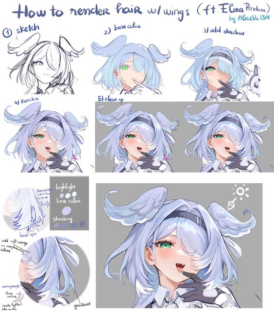 the image is a digital art tutorial focusing on rendering hair and wings, featuring a female anime character with blue hair and white feathered wings. the tutorial is divided into five steps, starting with a sketch and progressing through base color, shadow, refining, and finally cleaning up the illustration.  small inset illustrations provide further detail on techniques like highlighting and creating a gradient effect.  the character, elira pendora, is a popular vtuber associated with the agency nijisanji.