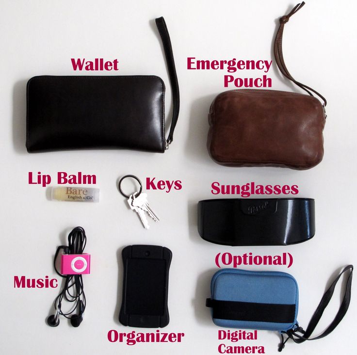 the image shows a collection of items that are typically carried in a purse or bag. these items include a black wallet, a brown emergency pouch, lip balm, keys, sunglasses, music player with earphones, an organizer and a digital camera. the digital camera is labelled with "(optional)".