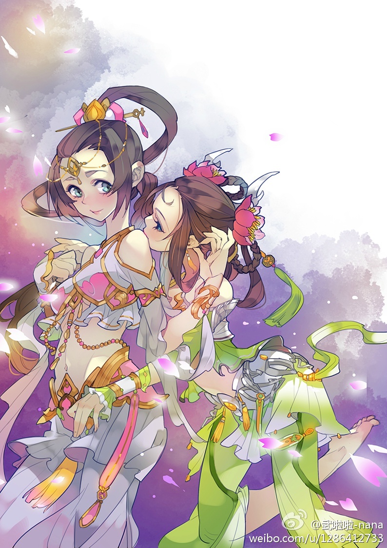 this is a digital illustration featuring two women in flowing, intricately decorated outfits that draw inspiration from traditional chinese clothing. they stand close together, their bodies intertwined in a tender embrace. one woman, with her hair styled in an elaborate updo adorned with flowers, leans into the other, their faces close. the second woman, her hair styled in a long braid, smiles gently. both women are adorned with jewelry and their attire features sheer fabrics and delicate details. they are surrounded by falling flower petals against a soft, abstract background. the overall mood of the illustration is romantic and intimate, capturing a sense of love and connection between the two women.