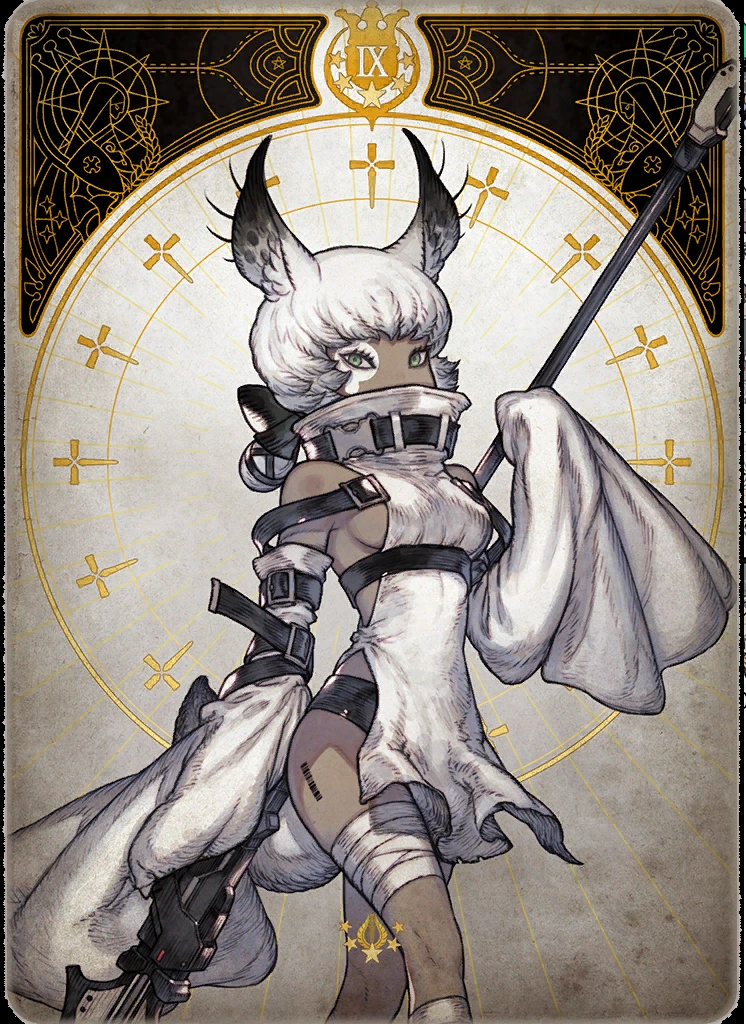 the image features a stylized drawing of a female character, likely from an anime or manga, designed in a dark fantasy style. she resembles a tarot card illustration, specifically card number ix.  the character, with large catlike ears and pale skin, wears a revealing white garment resembling bandages and armor. she holds a long spear and gazes confidently at the viewer. the background is a circular design featuring a cross motif and ornate details in gold and black, adding to the mystical and gothic atmosphere.
