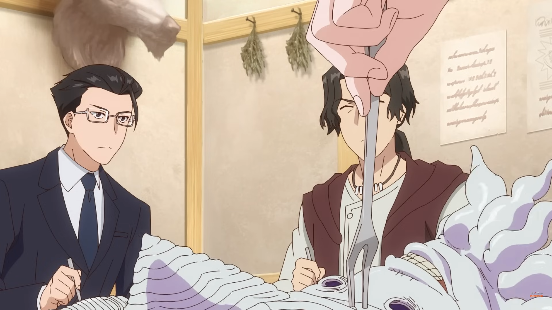 two men are seated at a table in what appears to be a restaurant.  the man on the left, wearing a suit and glasses, observes with a neutral expression as the man beside him prepares to eat a large, unusuallooking dish. the dish, possibly seafood, is white and has a textured, almost otherworldly appearance.  the man about to take a bite has dark hair and wears a pendant. the scene is welllit, likely by indoor lighting. the atmosphere suggests curiosity and perhaps slight apprehension toward the unusual meal.