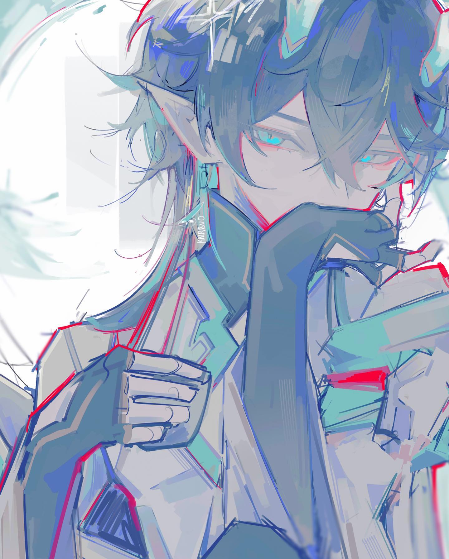 he image is a digital painting of an animestyle male character. he appears to be an elf, possibly a fantasy character, with long, blue hair and horns. his eyes are a striking teal color. he has on a stylish, somewhat futuristic outfit that is primarily white, gray, and teal. his hands are visible, and he is covering his mouth with a darkcolored cloth or mask. the art style is loose and expressive, using vibrant colors and abstract lines. the overall mood is somewhat mysterious and elegant.