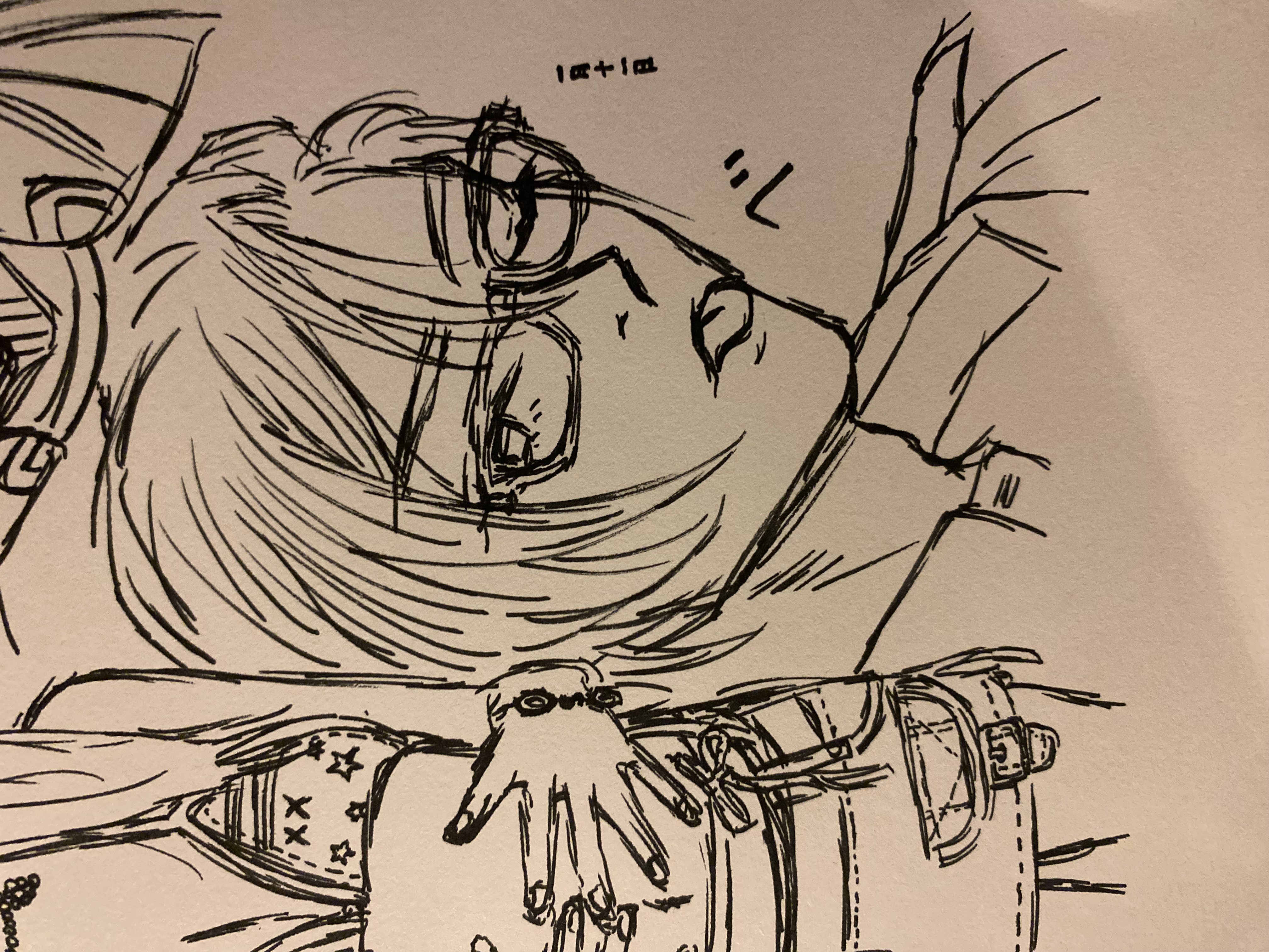 the image is a closeup black and white ink drawing, possibly manga or anime style, featuring two figures. the focus is on a young person with short, somewhat messy hair, wearing glasses, and sticking their tongue out slightly. they appear to be wearing a collared shirt or jacket.  in the background and partially overlapping the main figure is another figure wearing a more revealing, possibly croptop and lowrise pants outfit. their hands are visible, possibly interacting with the figure in the foreground. the style is loose and expressive, characteristic of a quick sketch or concept art.  there are also some japanese characters visible on the drawing.
