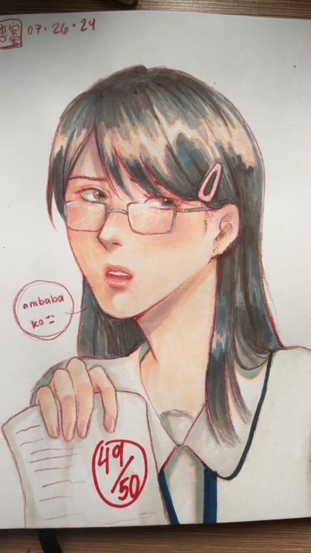 a drawing of a woman with long black hair. she is wearing glasses and a white shirt. she is holding a piece of paper with a red circle and the number 49 over 50 written inside. the woman's face looks disappointed.