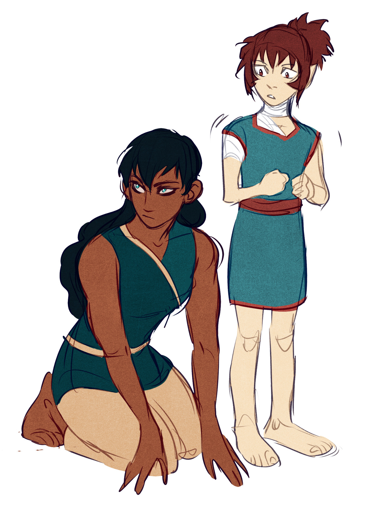 an illustration of korra and asami from avatar: the legend of korra, a popular animated television show. korra is kneeling and looking up at asami with a loving expression. asami is standing and fiddling with her shirt sleeve. asami is covered in bandages. this artwork has been drawn in the artist's personal style.