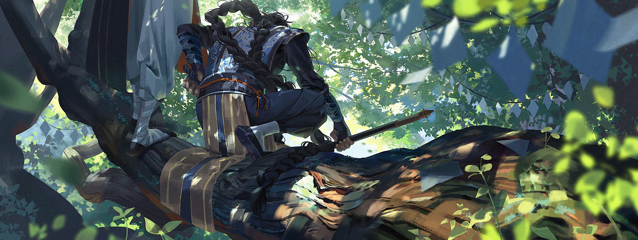 an anime character is sitting on a large tree branch in a forest. the character is wearing a blue and gold outfit and appears to have a sword and an axe. there is a lot of foliage, including green leaves in the background.