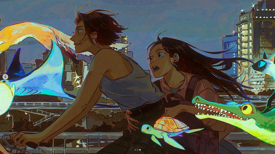 the image is a colorful and vibrant illustration depicting two anime girls riding a bike in a city at night. the girls are dressed in casual clothing, with the girl in the front wearing a tank top and the girl in the back wearing a jacket. they are both smiling and seem to be enjoying themselves. the cityscape behind them is full of tall buildings, lit up by neon lights. there are also a number of magical creatures, such as a fox, a manta ray, a sea turtle, and a crocodile, scattered throughout the image. these fantastical creatures add to the surreal and whimsical atmosphere of the scene. overall, the image is a celebration of friendship, adventure, and the power of imagination.